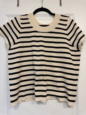 Cream and Black Striped Short Sleeve Knit Top
